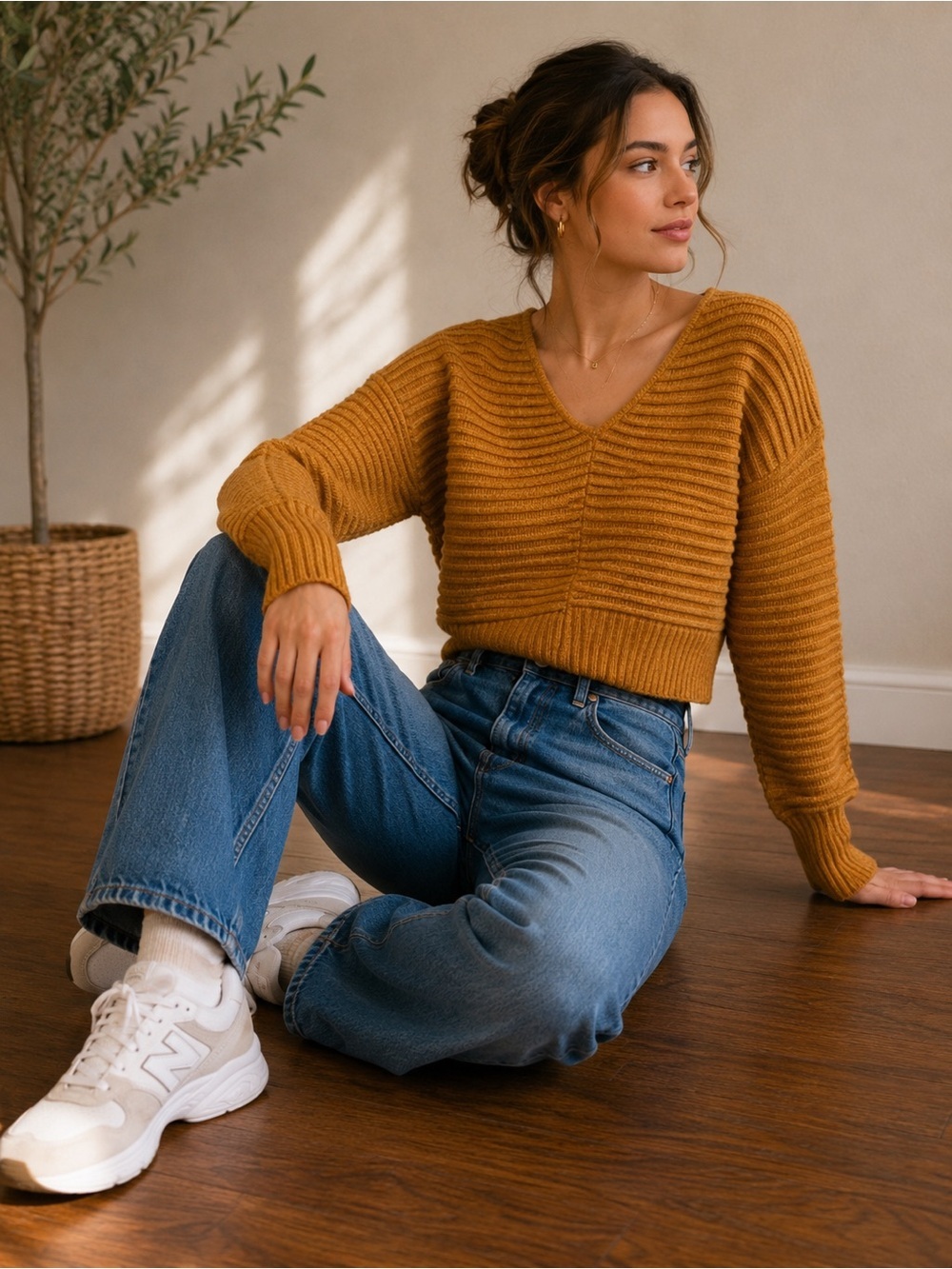 Sincerely Jules Mustard Ribbed V-Neck Sweater – XS